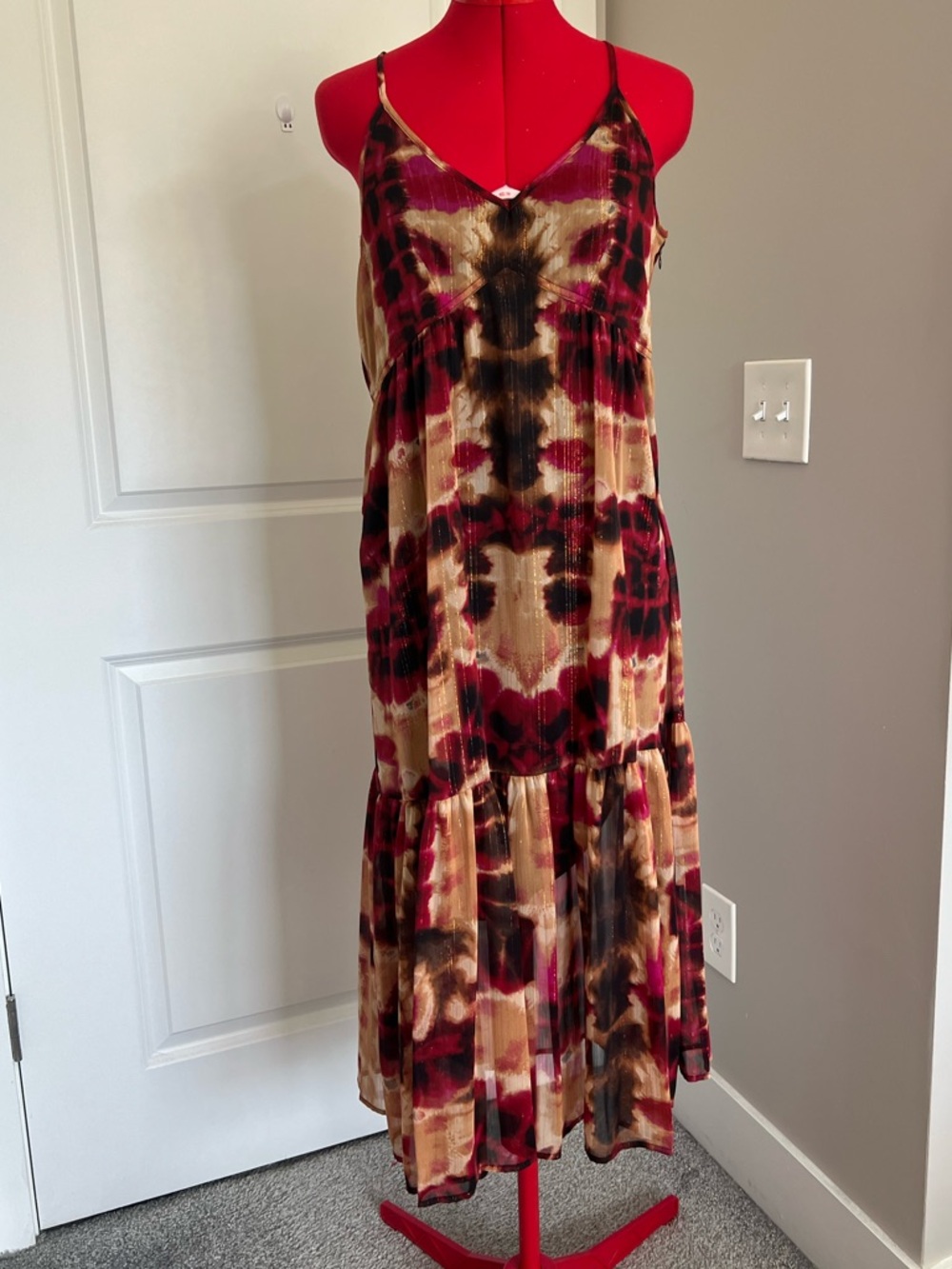 DKNY Sleeveless V-Neck Tie-Dye Maxi Dress in Burgundy & Tan